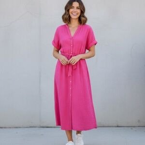 Xirena Cate Dress Cotton Gauze Pink Midi Dress with Pockets Size XS